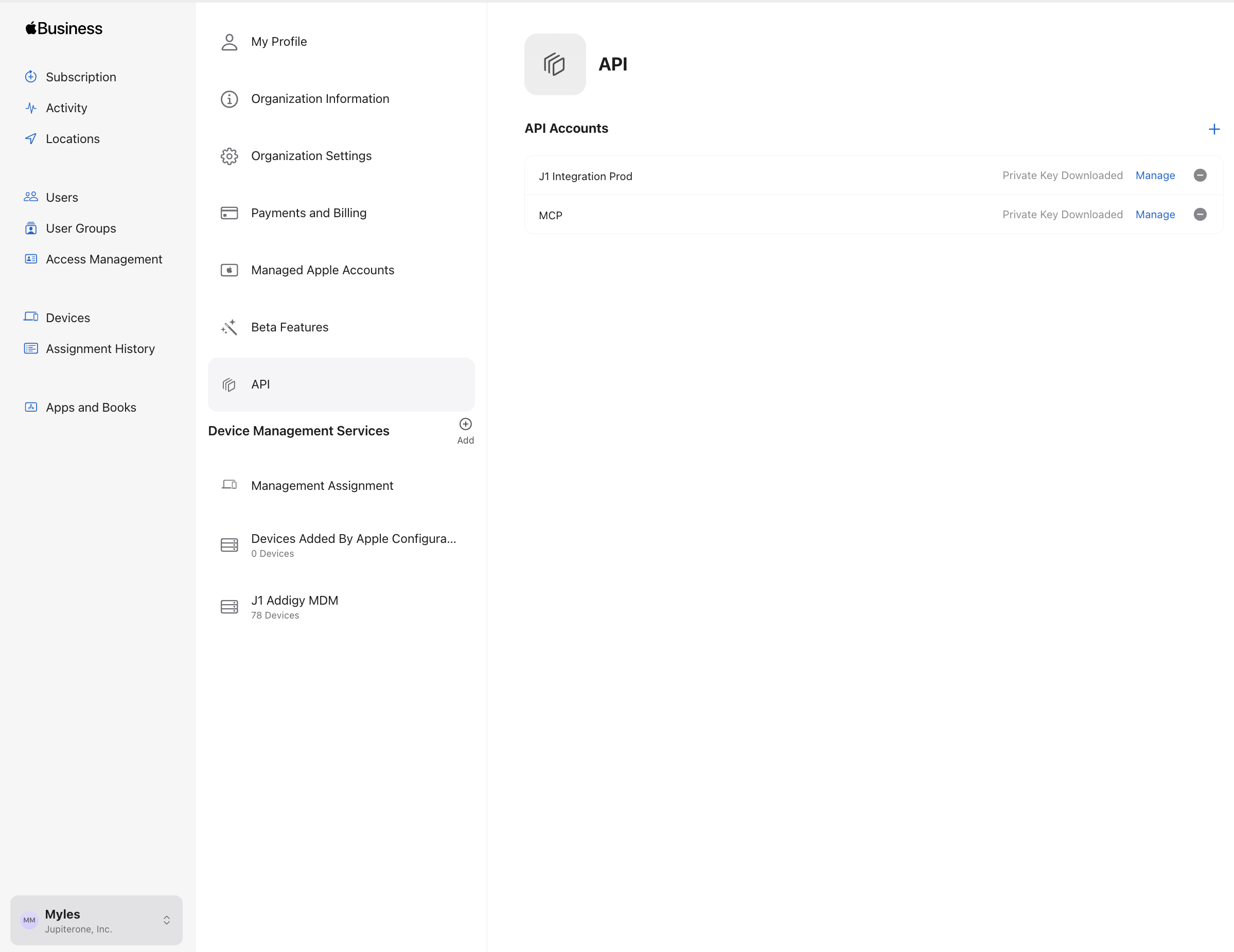 Apple Business Manager server token settings