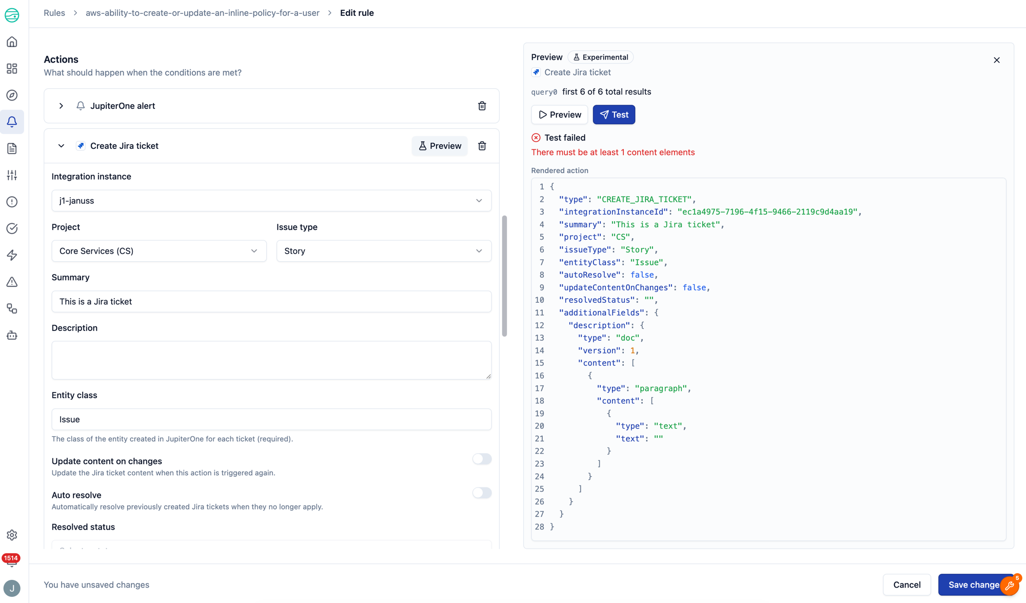 Rule editor with the Create Jira ticket action open and the preview/test side panel beside it, showing the rendered action and a test result
