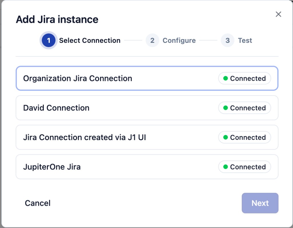 Add Jira instance: Select Connection step listing four available connections