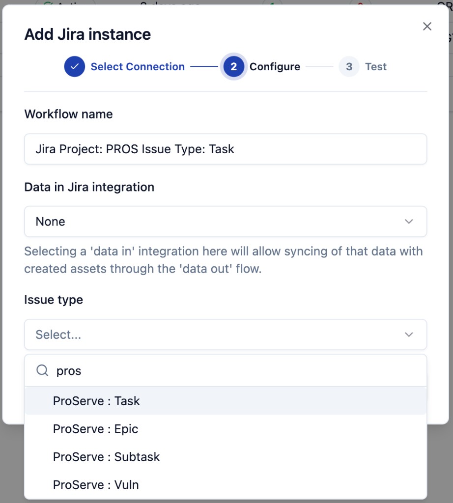 Add Jira instance: Configure step with Workflow name, Data in Jira integration, and Issue type fields