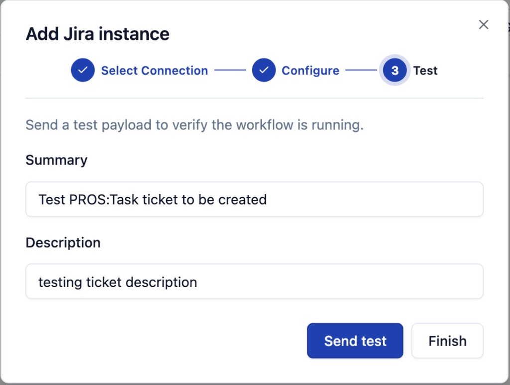Add Jira instance: Test step with Summary and Description fields and Send test / Finish buttons
