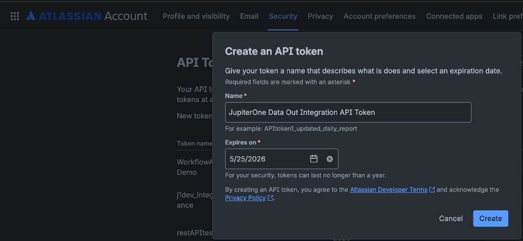 Atlassian Account Security: Create an API token dialog