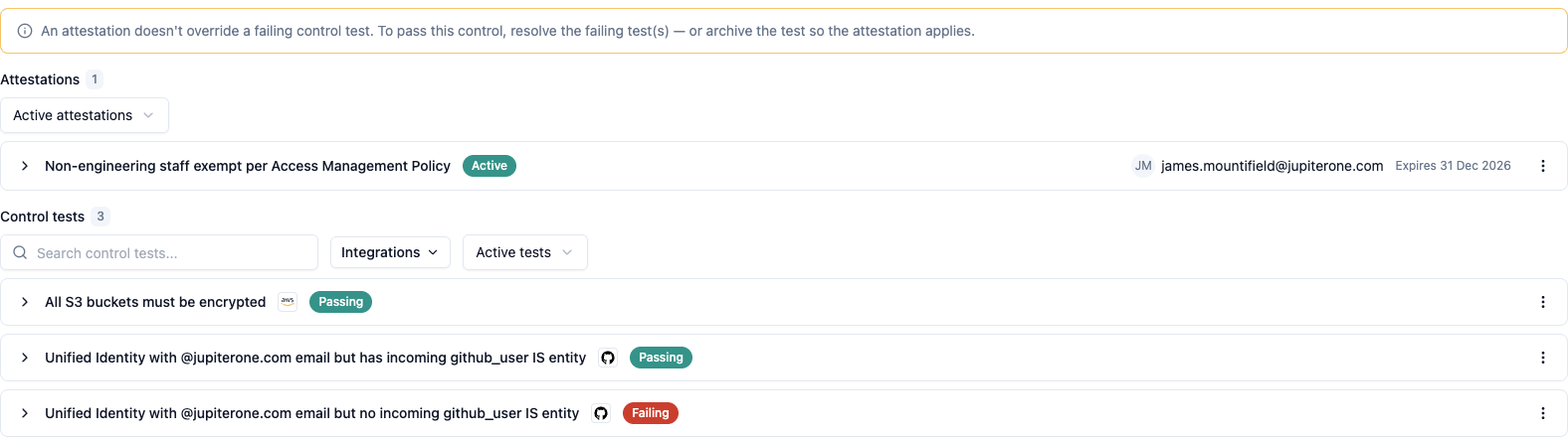 Failing despite an attestation: a failing control test still fails the control, with the way out called out above the tests