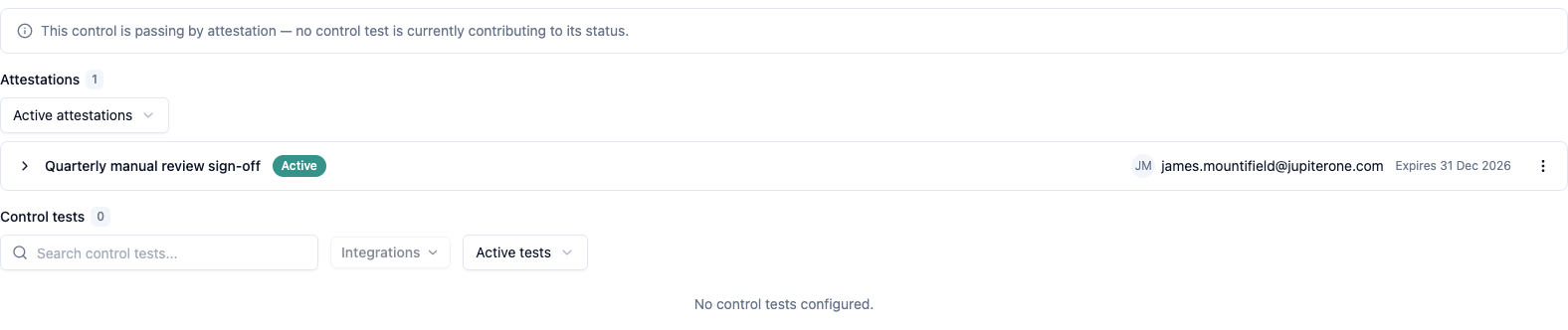 Passing by attestation: a valid attestation carries a control that has no contributing test