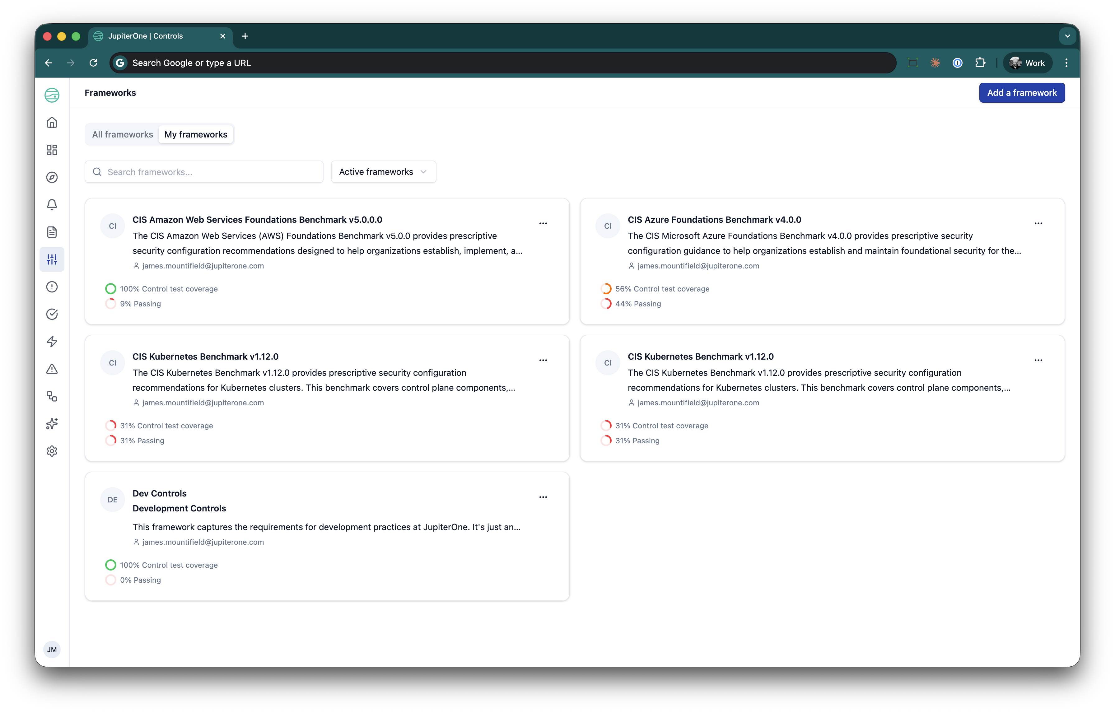 Framework Compliance View showing scorecard grid with health percentages and coverage