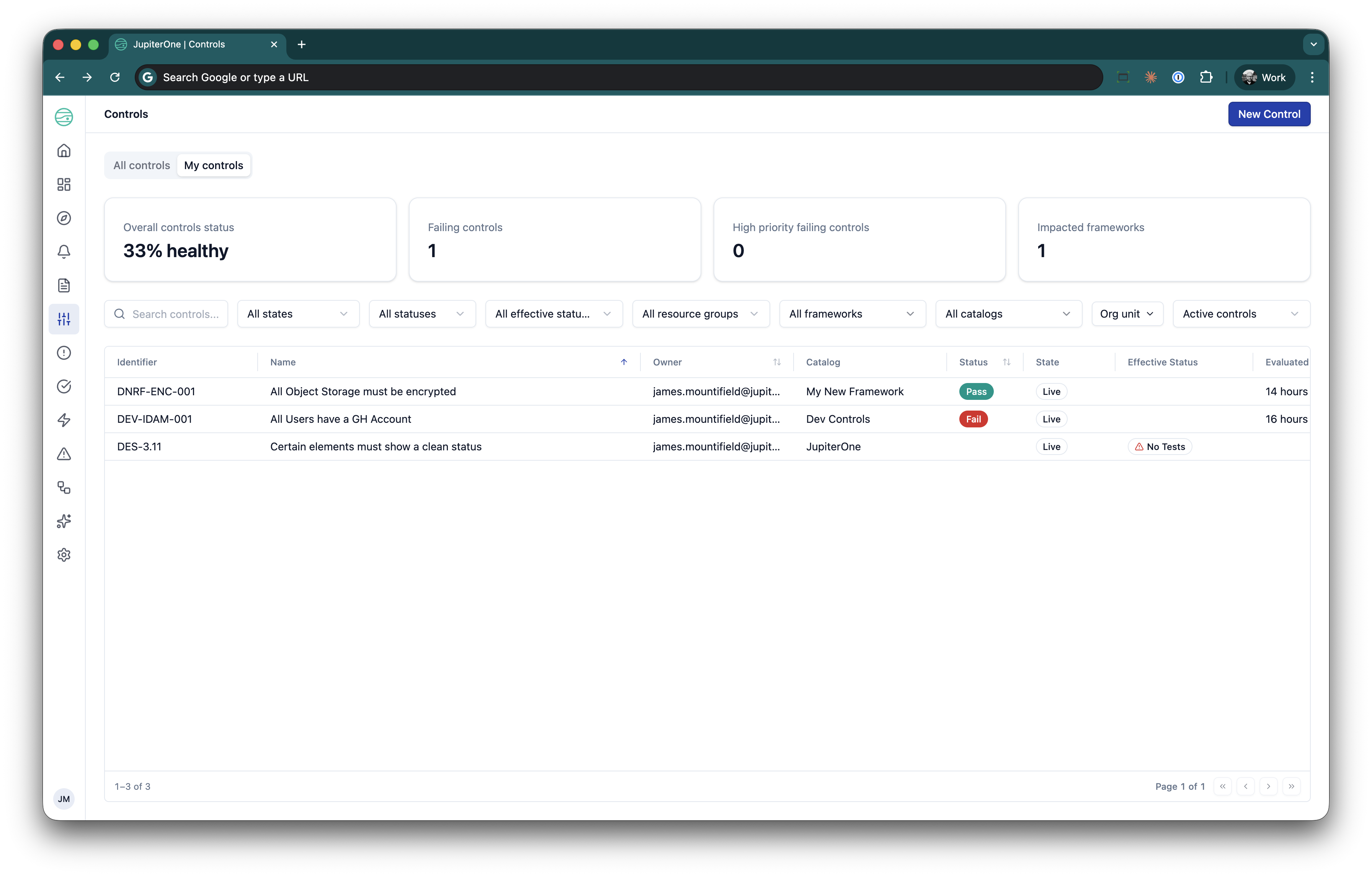 Controls Status View with My Controls filter and summary header