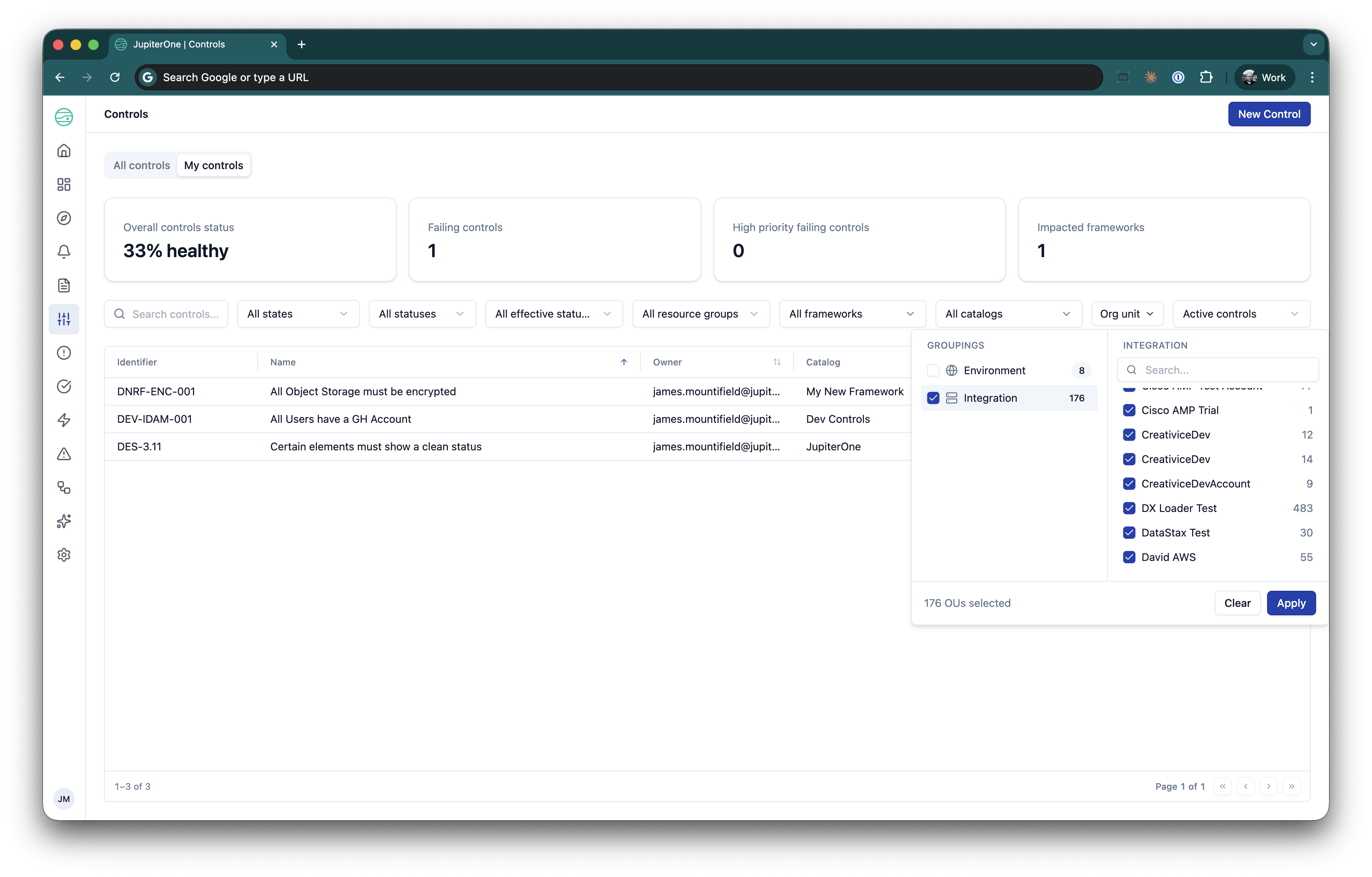Controls Status View with OU selector filtering to a specific organisational unit