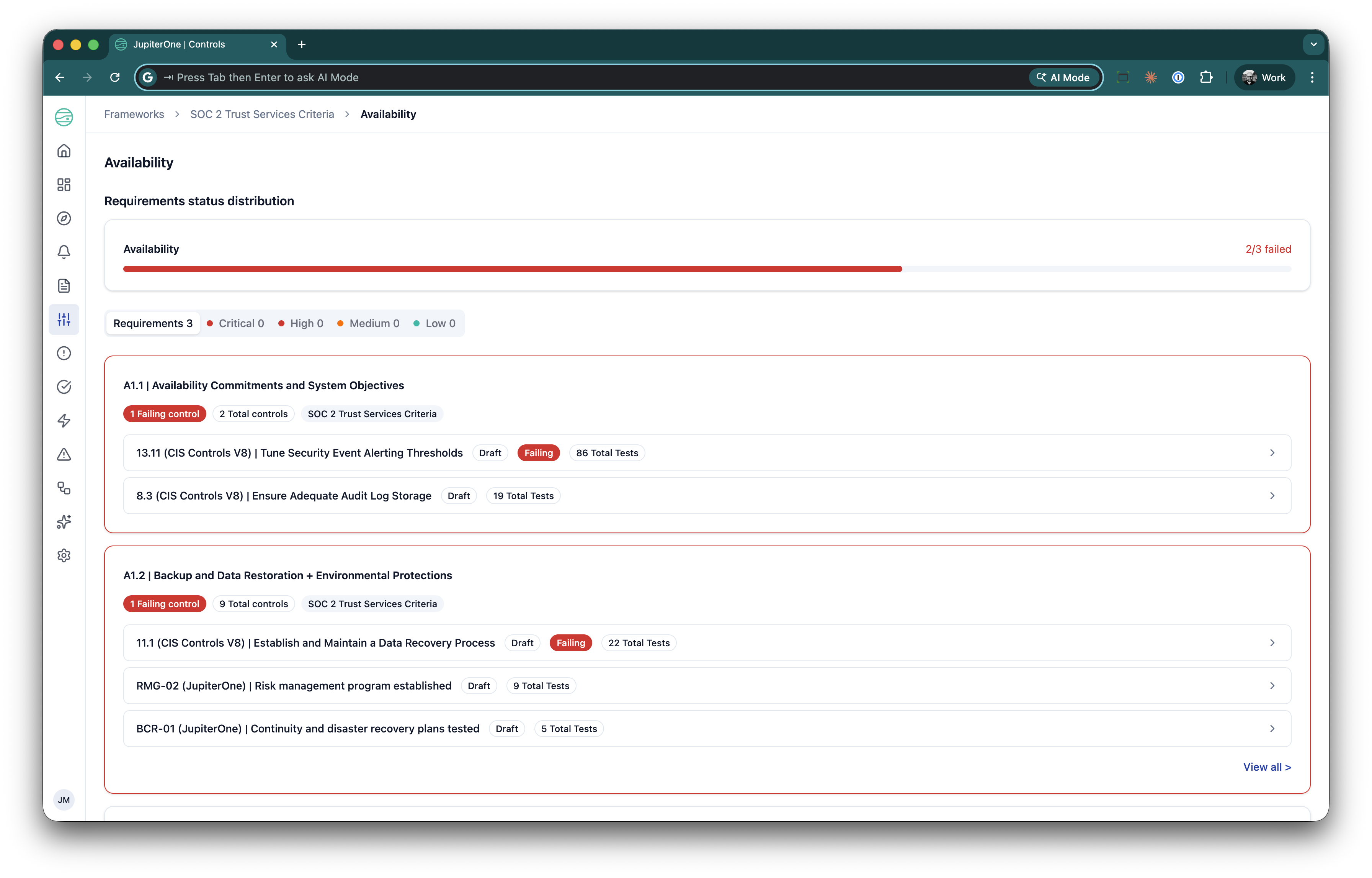 Requirement drill-down drawer with control summary and test details