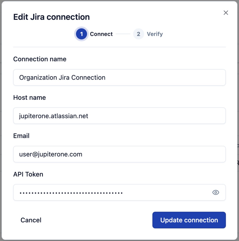 Connection wizard: Connect step with Connection name, Host name, Email, and API Token fields