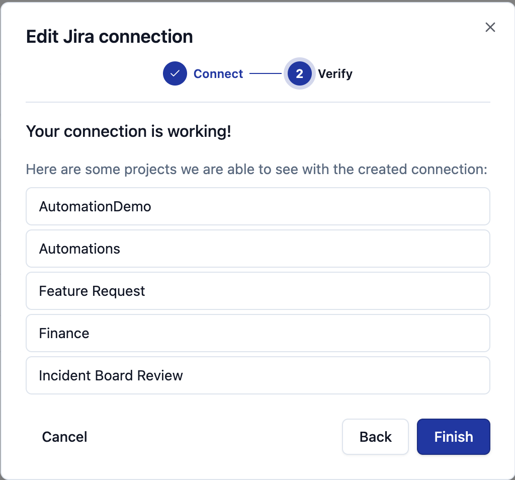 Connection wizard: Verify step with success message and a list of accessible projects
