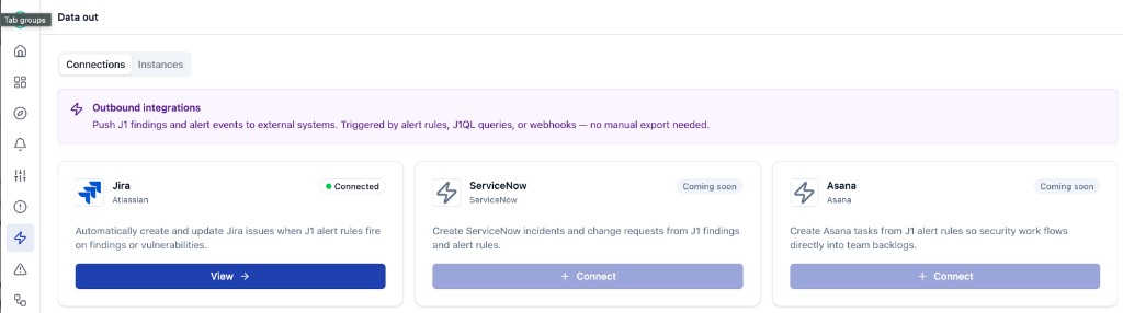 Connections tab - provider catalog with Jira (Connected), ServiceNow and Asana (Coming soon)