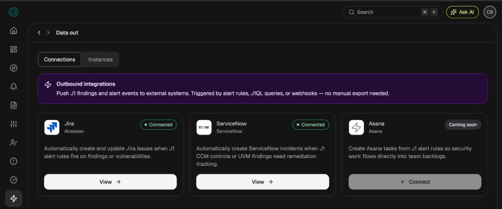 Data out Connections tab with Jira (Connected), ServiceNow (Connected), Asana (Coming soon)