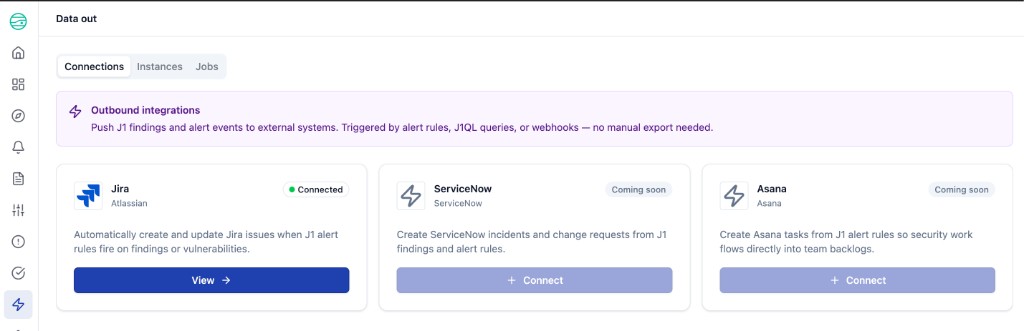 Connections tab - provider catalog with Jira (Connected), ServiceNow and Asana (Coming soon)