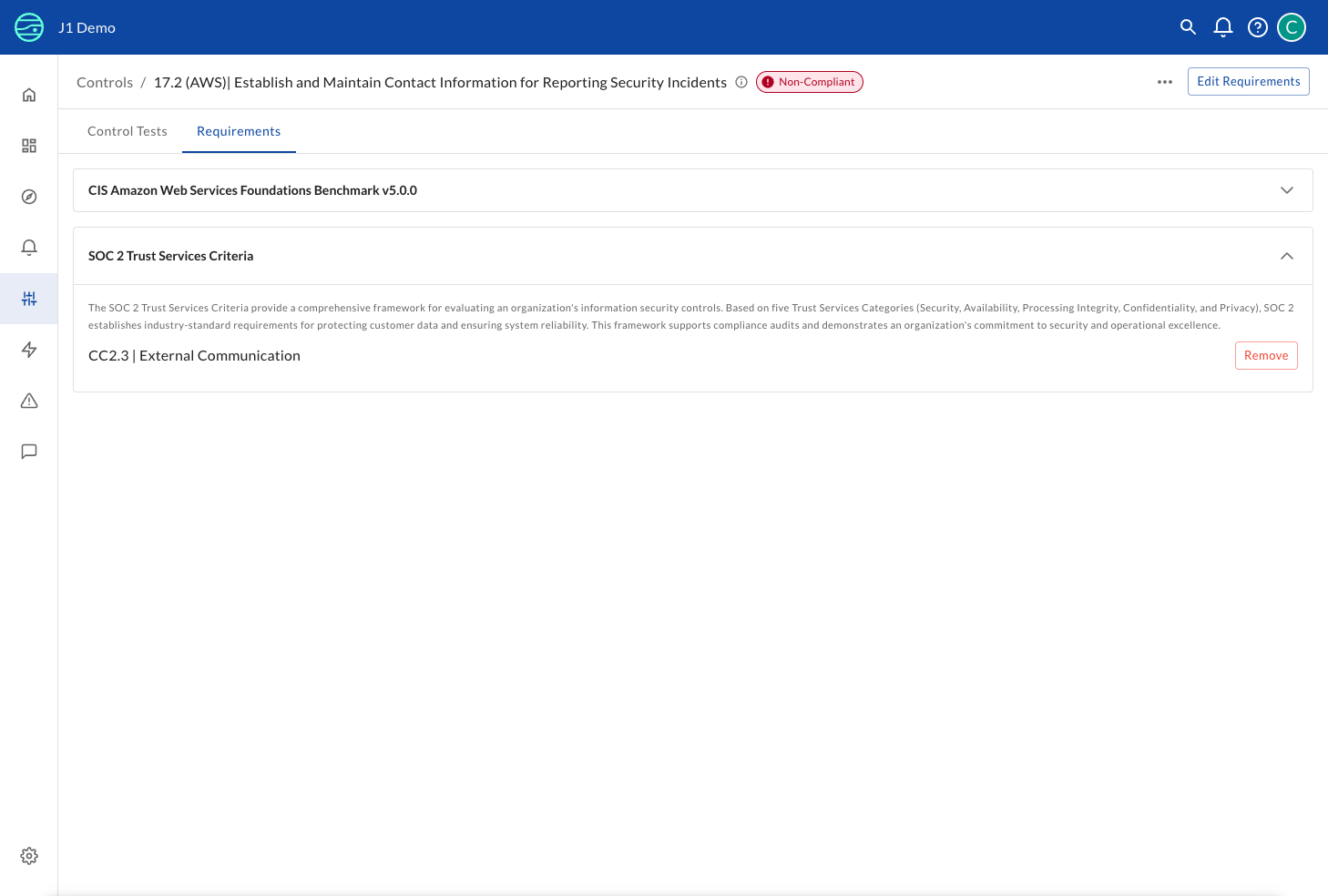 Control Requirements Tab