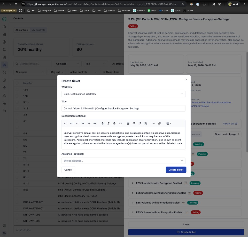 Create ticket modal with Workflow, Title, Description, and Assignee fields