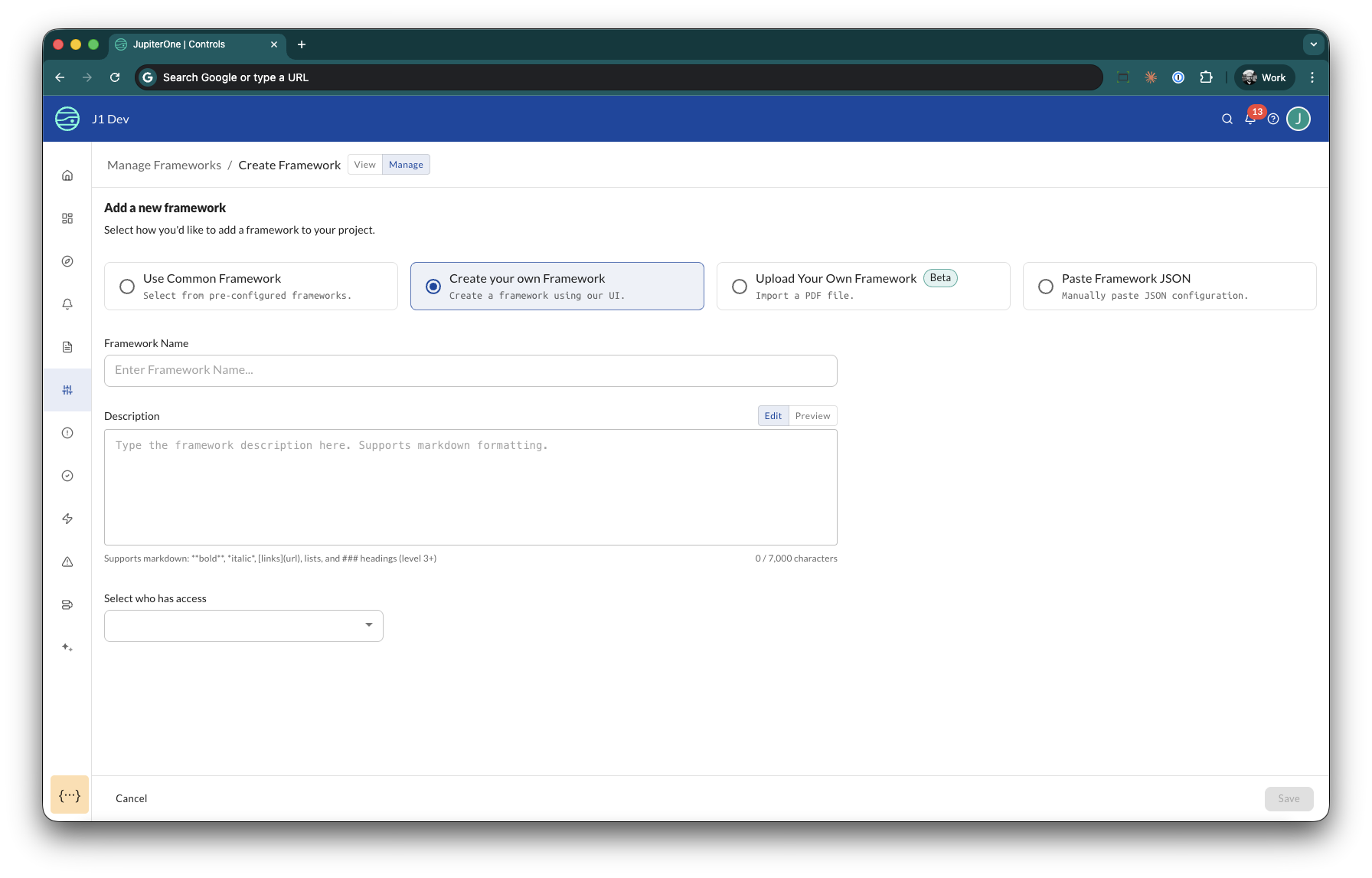 Framework creation UI