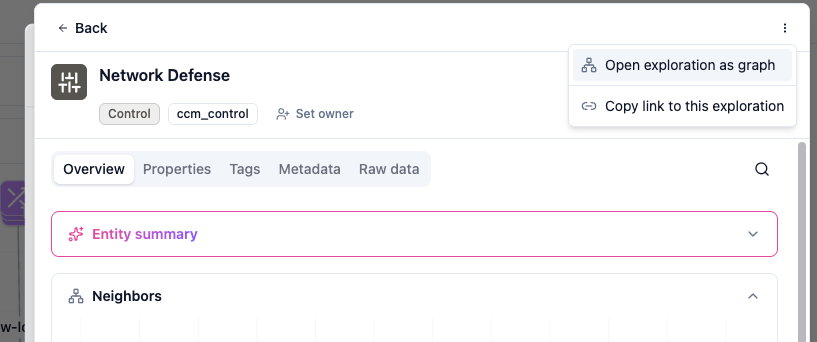 Inspector overflow menu — open as graph, copy link