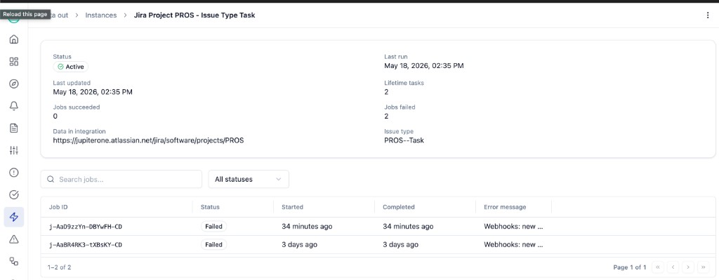 Instance detail page with two failed jobs and Webhooks: new ... error messages