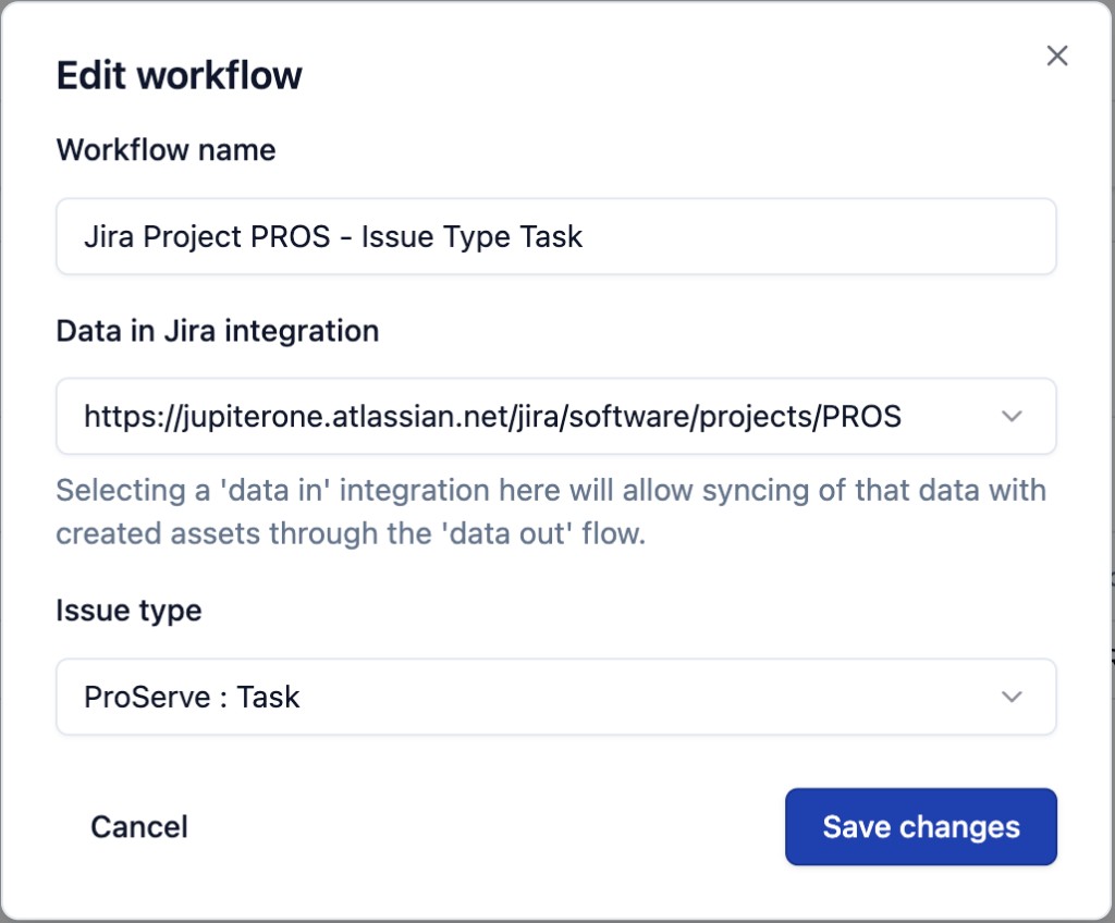 Edit workflow modal with Workflow name, Data in Jira integration, and Issue type fields