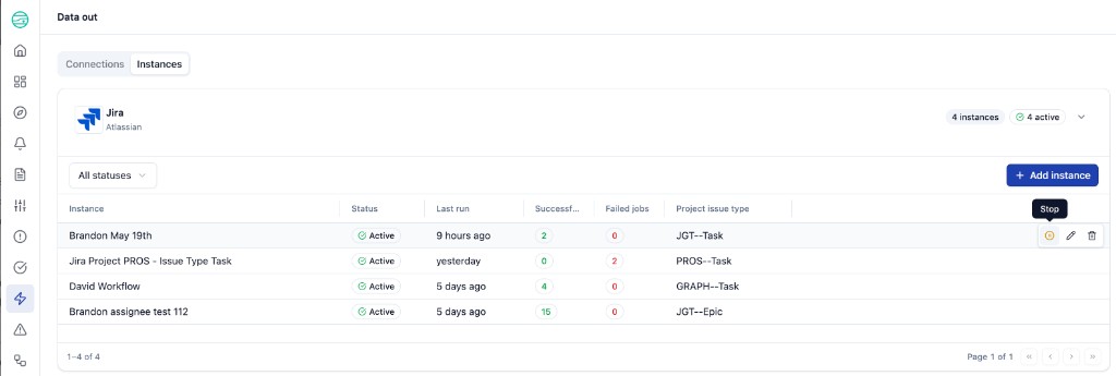 Instance row hover state showing Stop, Edit, and Delete icons