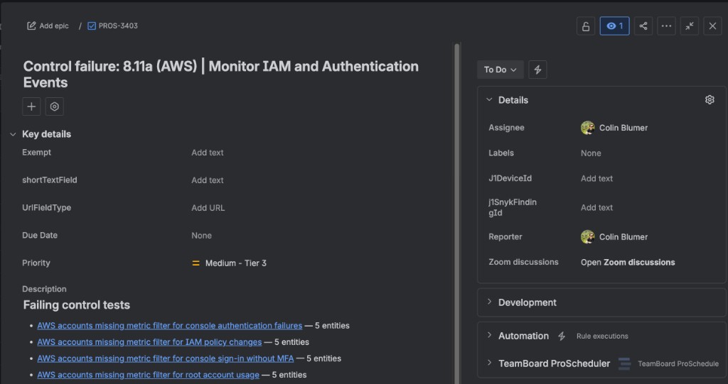Resulting Jira ticket: Control failure title, Failing control tests description, Assignee and Reporter set
