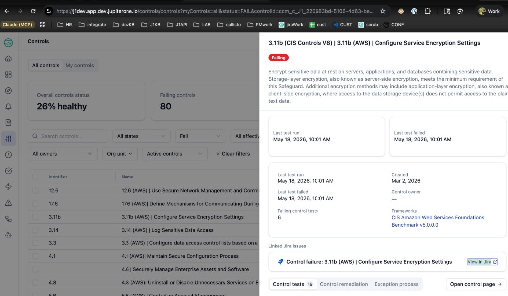 Linked Jira issues section on the control detail panel showing a created ticket