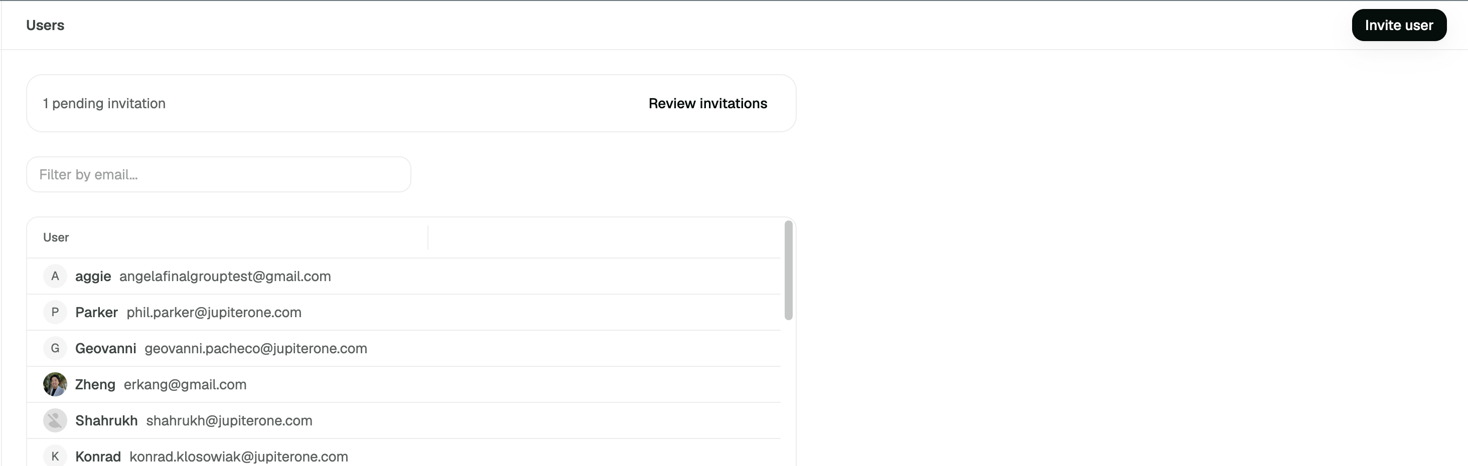 Pending invites in the JuptierOne Admin User's section