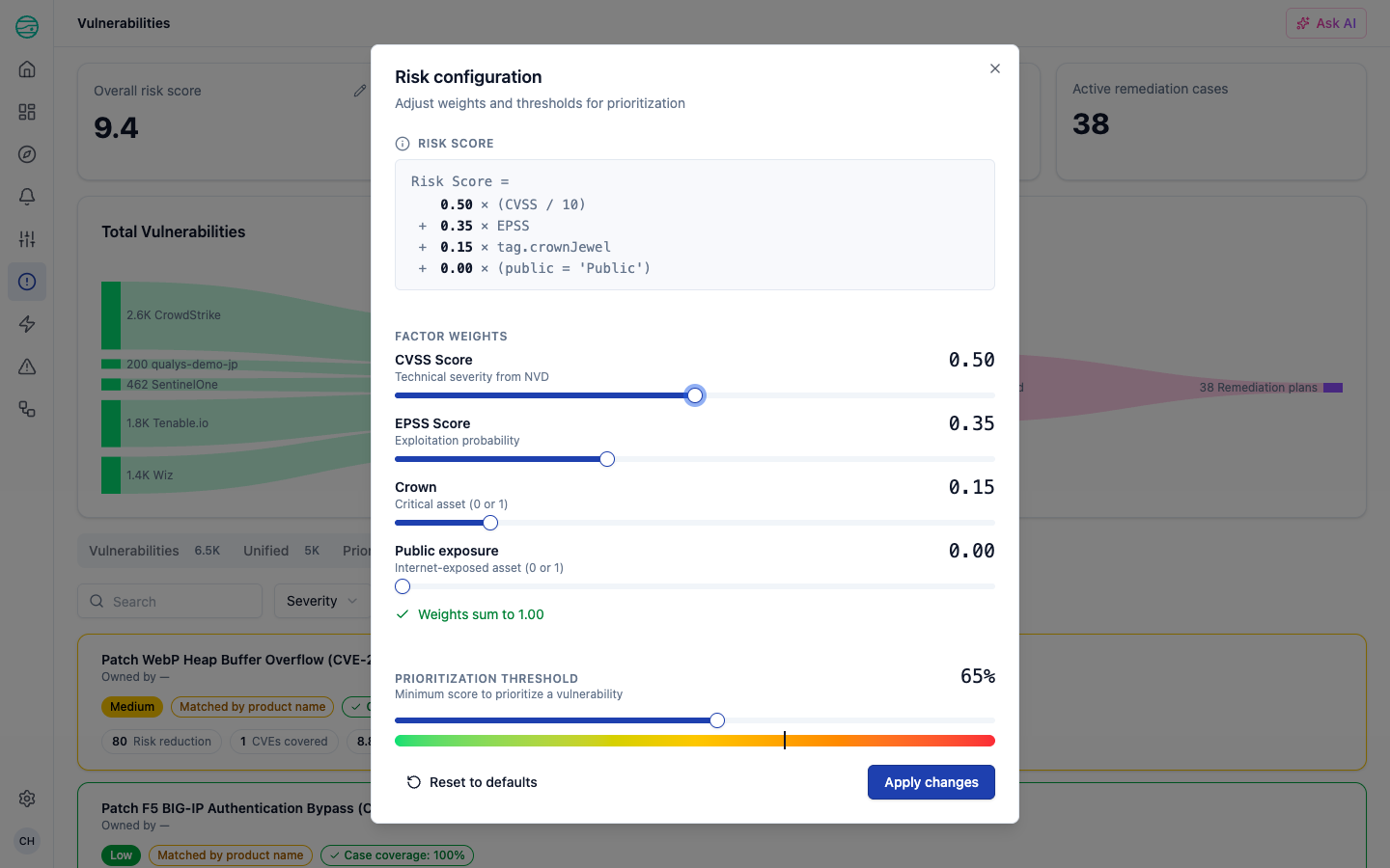 Risk configuration panel showing the risk score formula, factor weights, prioritization threshold, case priority thresholds, and OU namespace