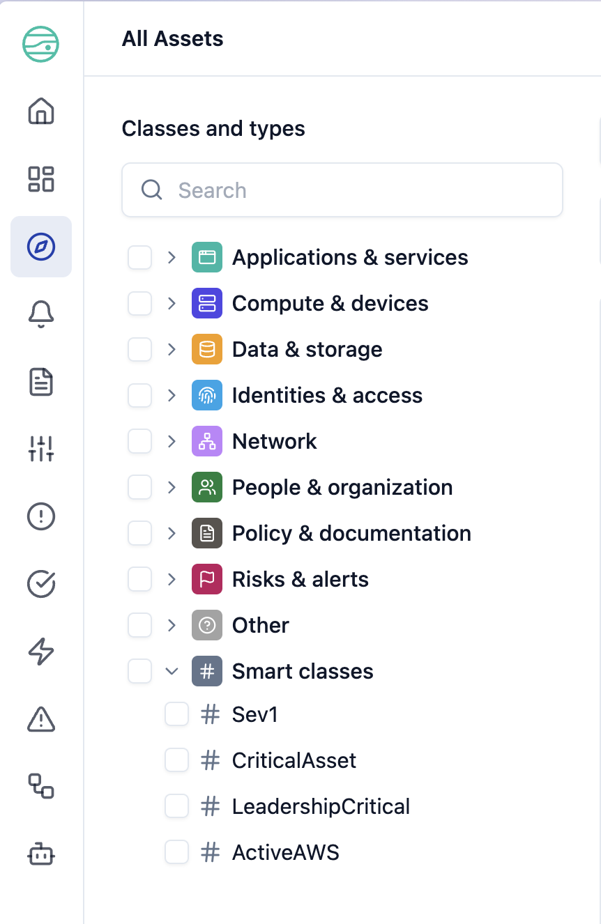 The Assets page class list showing Smart Classes listed alongside the standard classes, expanded to show individual Smart Classes like CriticalAsset