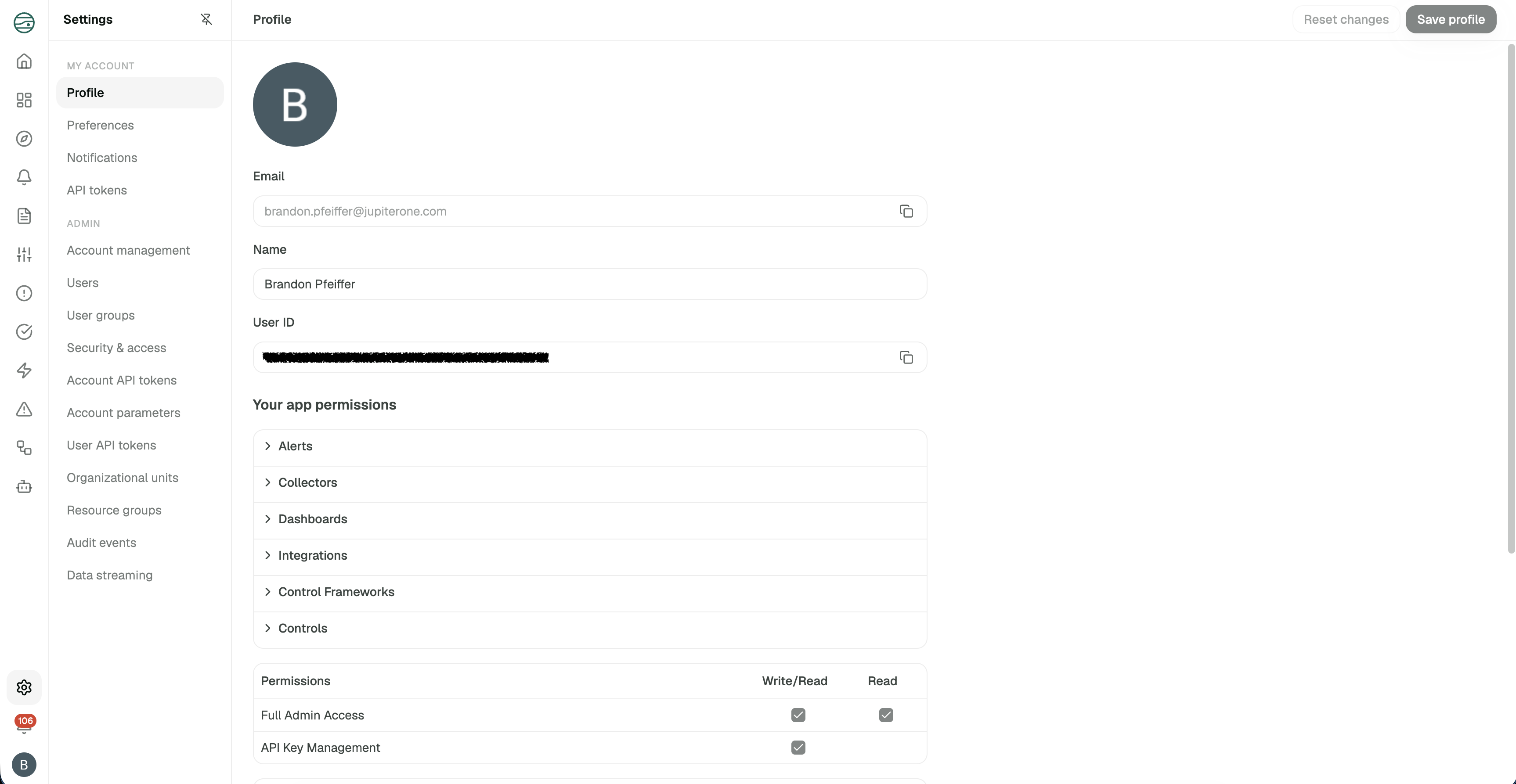JupiterOne user settings